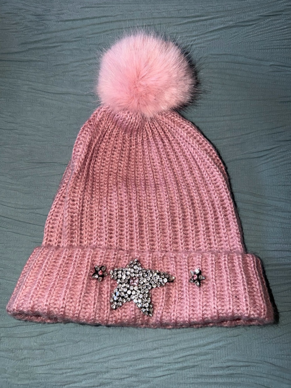 Victoria’s Secret Pink Rib-Knit Beanie with Rhinestone Star & Faux Fur Pom